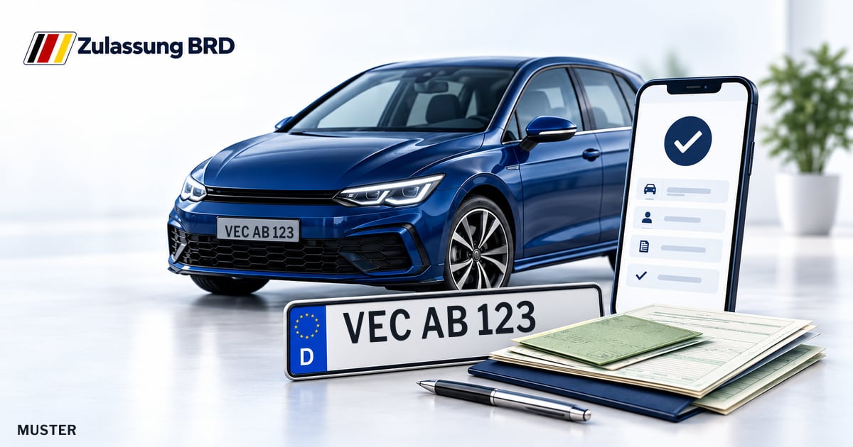 Online Fahrzeugzulassung in Lohne (Oldenburg): Musterkennzeichen VEC AB 123, Auto und Fahrzeugpapiere und Smartphone. Illustration mit Logo von Zulassung BRD.
